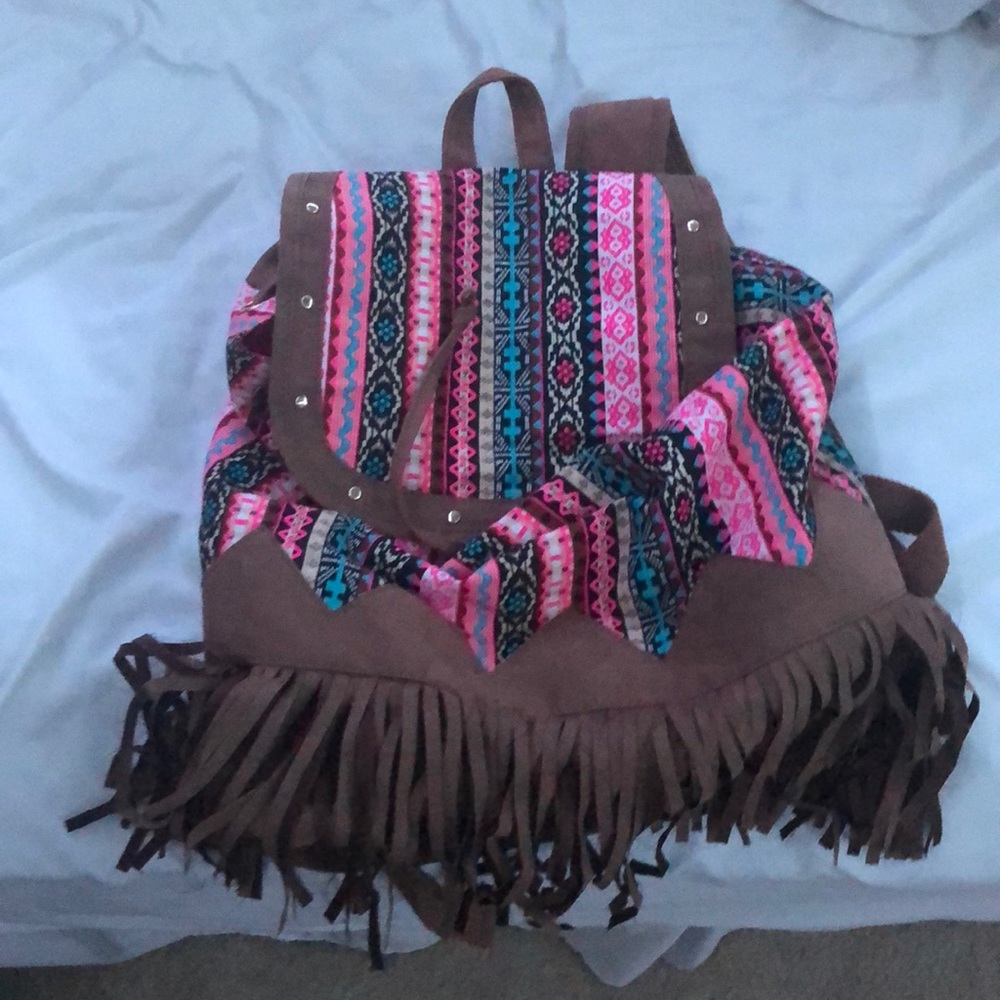 aztec print tassle brown and pink bag